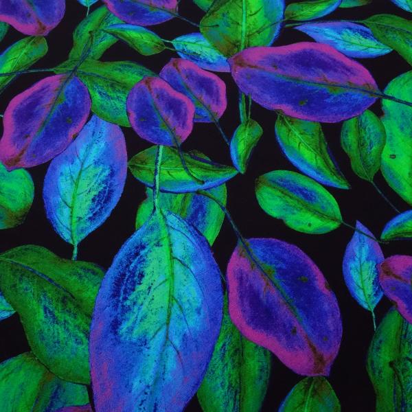 Viscose jersey fabric with “Veil of leaves” design in black green blue purple and fuchsia dress fabric children's fabric