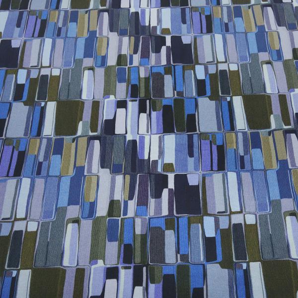Stoff Baumwolle Jersey mit grafischen geometrischen Muster jeans blau flieder lila beige bunt Kleiderstoff