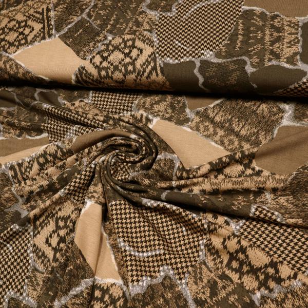 Stoff Viskose Jersey Patchwork Strickmuster braun beige camel grau Kleiderstoff