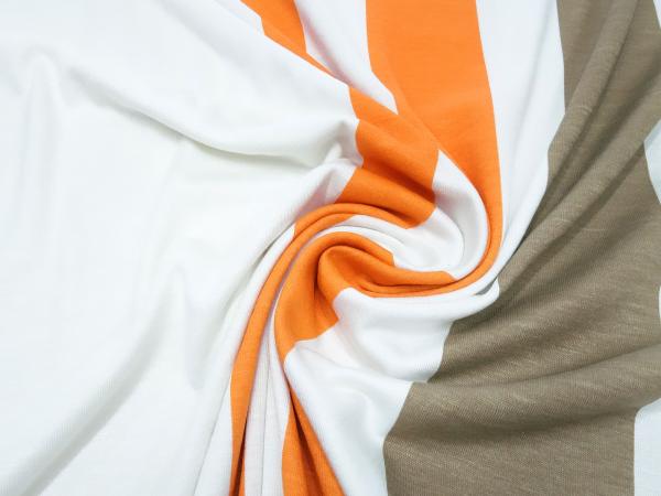 Stoff Viskose Jersey mit Bordendruck Blockstreifen orange taupé weiß Kleiderstoff