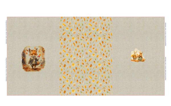 Stoff Baumwolle French Terry Panel 78 cm x 140 cm mit Herbst Hasen Fuchs Blätter Design beige orange braun khaki bunt Kinderstoff Kleiderstoff