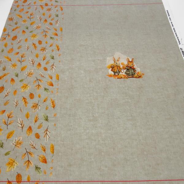 Stoff Baumwolle French Terry Panel 78 cm x 140 cm mit Herbst Hasen Fuchs Blätter Design beige orange braun khaki bunt Kinderstoff Kleiderstoff