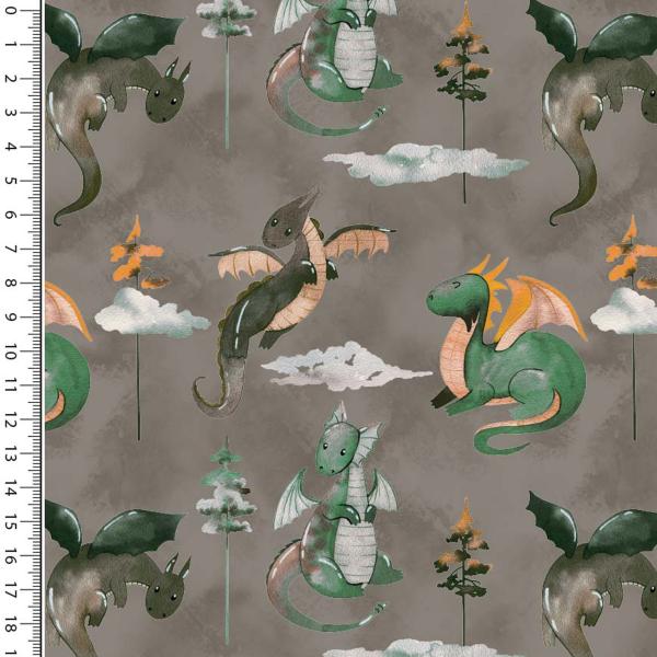 Stoff Baumwolle Jersey Drachen Design grau braun grün orange bunt bunt Kinderstoff Kleiderstoff