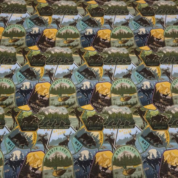 Stoff Baumwolle Sweatshirtstoff Mountain Wildlife Bär Elch Büffel Design grün braun blau gelb bunt Kinderstoff Kleiderstoff