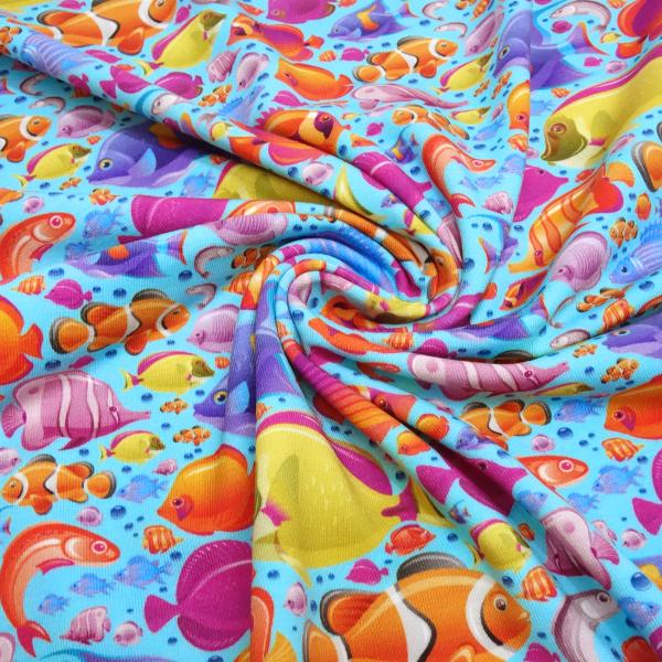 Stoff Baumwolle Jersey bunte Südsee Fische türkis aqua orange gelb lila bunt Kinderstoff Kleiderstoff