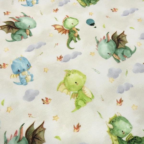Stoff Baumwolle French Terry Sweatshirtstoff Sommersweat süße Drachen beige grün blau bunt Kleiderstoff Kinderstoff