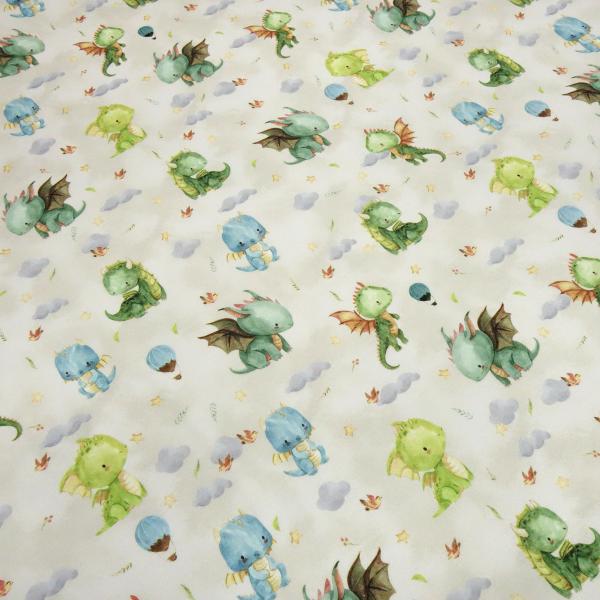 Stoff Baumwolle French Terry Sweatshirtstoff Sommersweat süße Drachen beige grün blau bunt Kleiderstoff Kinderstoff