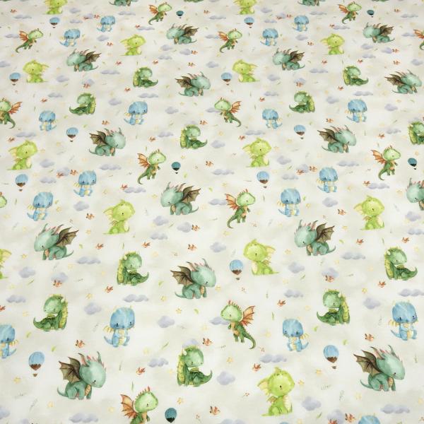Stoff Baumwolle French Terry Sweatshirtstoff Sommersweat süße Drachen beige grün blau bunt Kleiderstoff Kinderstoff