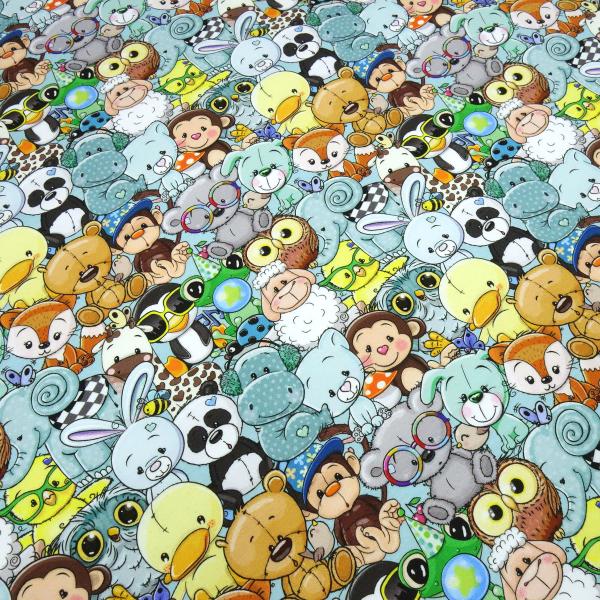 Stoff Baumwolle French Terry Sweatshirtstoff Crazy Animals Tiere mint multicolor bunt Kleiderstoff Kinderstoff