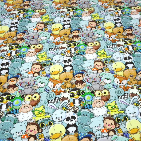 Stoff Baumwolle French Terry Sweatshirtstoff Crazy Animals Tiere mint multicolor bunt Kleiderstoff Kinderstoff