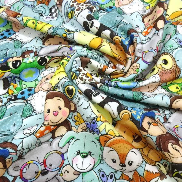 Stoff Baumwolle French Terry Sweatshirtstoff Crazy Animals Tiere mint multicolor bunt Kleiderstoff Kinderstoff