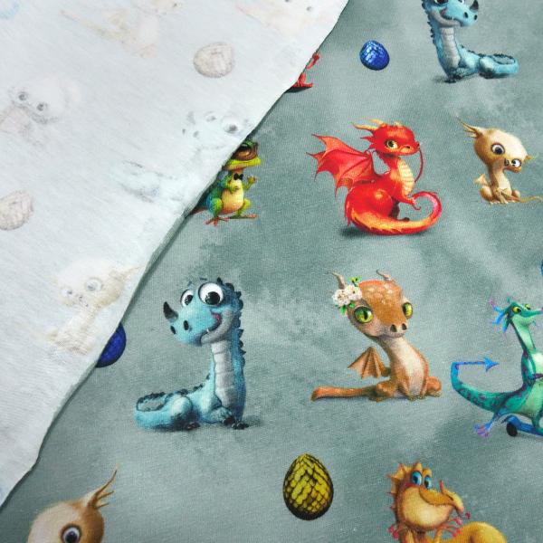 Fabric cotton jersey Cute Dragons dragon design gray-green green gray blue red colorful children's fabric dress fabric