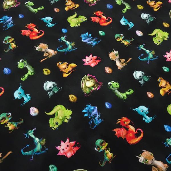 Stoff Baumwolle Jersey Cute Dragons Drachen Design schwarz grün grau blau rot bunt Kinderstoff Kleiderstoff