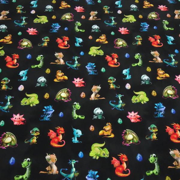 Stoff Baumwolle Jersey Cute Dragons Drachen Design schwarz grün grau blau rot bunt Kinderstoff Kleiderstoff