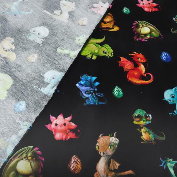 Stoff Baumwolle Jersey Cute Dragons Drachen Design schwarz grün grau blau rot bunt Kinderstoff Kleiderstoff