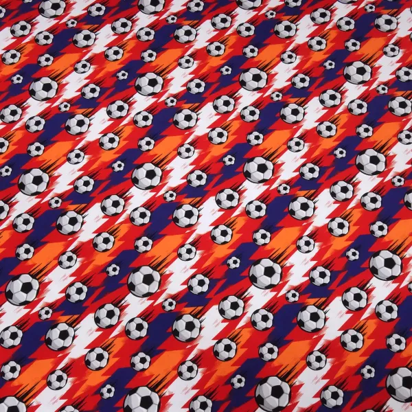 Stoff Baumwolle Jersey Fußball Soccer Bälle Design blau rot orange weiß schwarz Kinderstoff Kleiderstoff