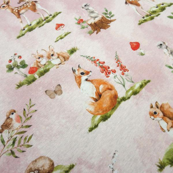 Fabric sweatshirt fabric alpine fleece side forest animals deer foxes mushrooms rabbits design pink colorful children's fabric dress fabric