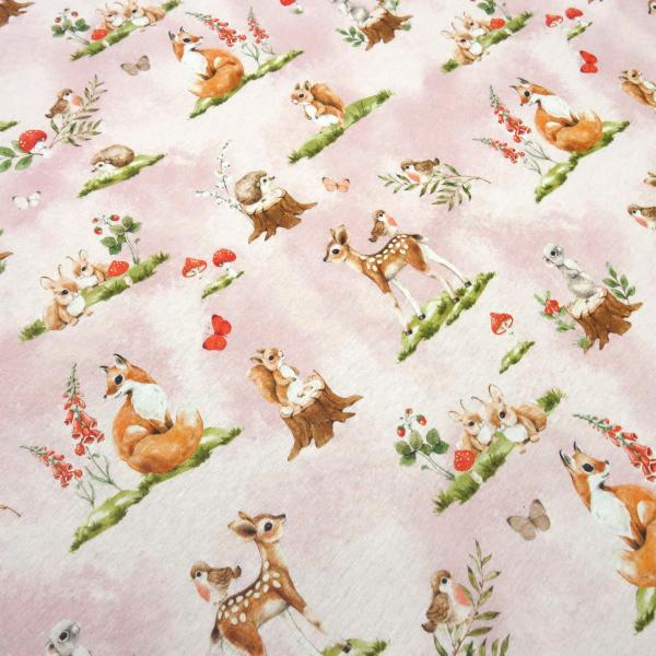 Fabric sweatshirt fabric alpine fleece side forest animals deer foxes mushrooms rabbits design pink colorful children's fabric dress fabric