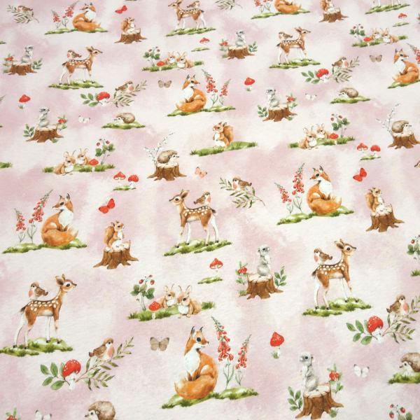 Fabric sweatshirt fabric alpine fleece side forest animals deer foxes mushrooms rabbits design pink colorful children's fabric dress fabric