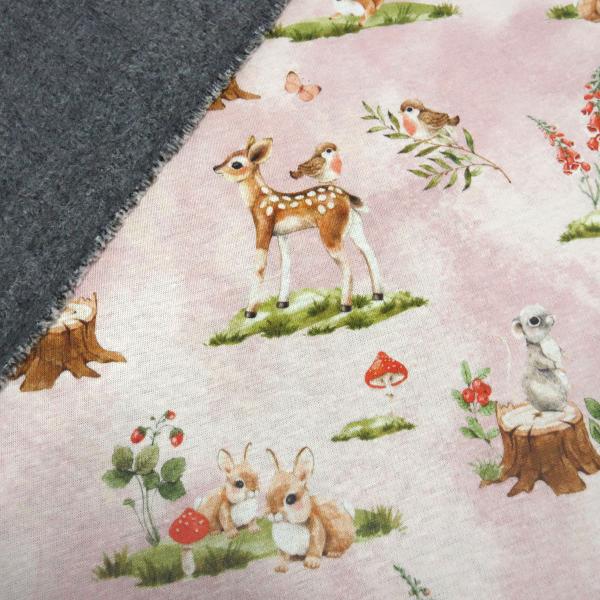 Fabric sweatshirt fabric alpine fleece side forest animals deer foxes mushrooms rabbits design pink colorful children's fabric dress fabric