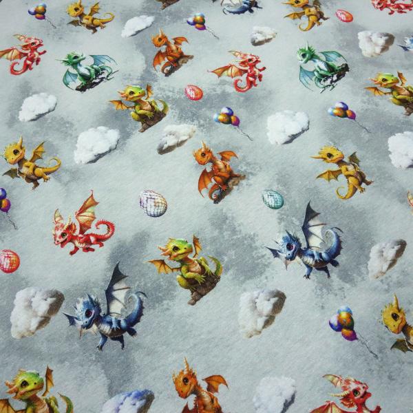Fabric sweatshirt fabric with alpine fleece side Cute Dragons dragon design gray red yellow green blue colorful children's fabric dress fabric