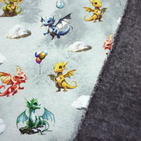Fabric sweatshirt fabric with alpine fleece side Cute Dragons dragon design gray red yellow green blue colorful children's fabric dress fabric