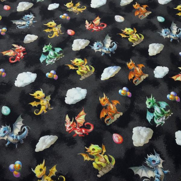 Fabric sweatshirt fabric with alpine fleece side Cute Dragons dragon design black gray red yellow green blue colorful children's fabric dress fabric