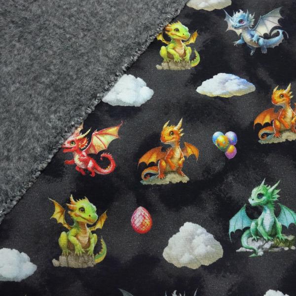Fabric sweatshirt fabric with alpine fleece side Cute Dragons dragon design black gray red yellow green blue colorful children's fabric dress fabric