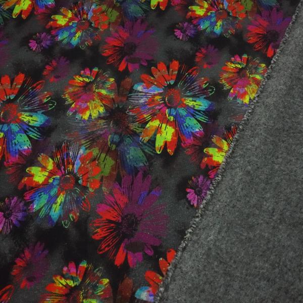 Fabric sweatshirt fabric alpine fleece offside flowers blossoms design grey black multicolor colorful children's fabric dress fabric