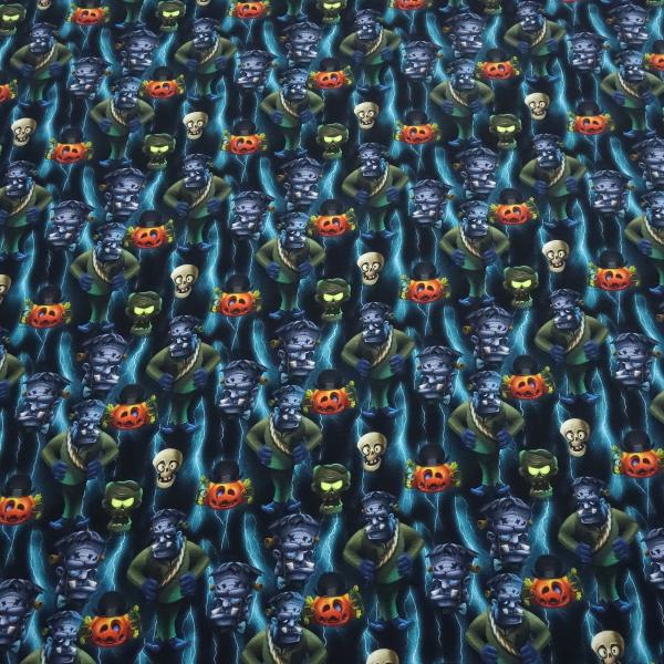 Stoff Baumwolle Jersey Halloween Zombie Kürbis Skulls Design schwarz grau orange khaki bunt Kinderstoff Kleiderstoff