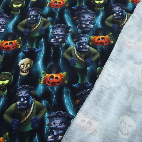 Stoff Baumwolle Jersey Halloween Zombie Kürbis Skulls Design schwarz grau orange khaki bunt Kinderstoff Kleiderstoff