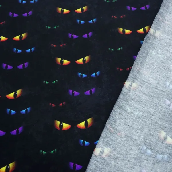 Stoff Baumwolle Jersey Cat Eyes Katzenaugen Halloween Design schwarz orange lila grün rot blau Kinderstoff Kleiderstoff