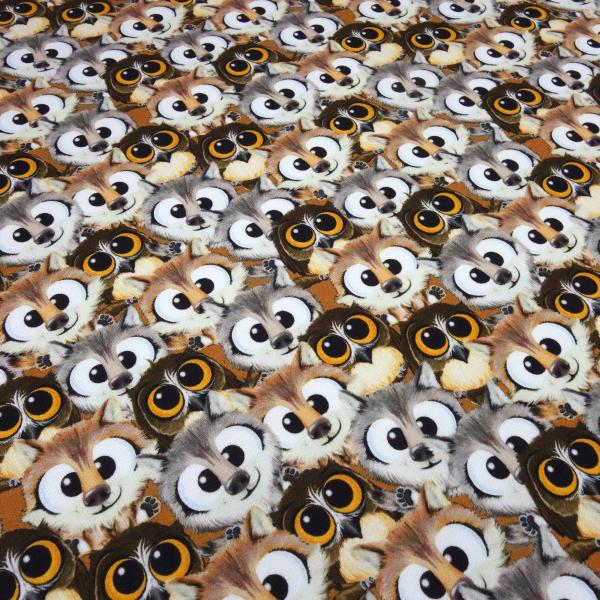 Stoff Baumwolle Sweatshirtstoff mit Eulen Füchse Waldtiere Design braun grau orange bunt Kleiderstoff Kinderstoff