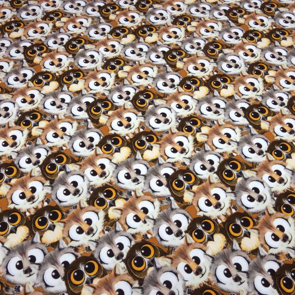 Stoff Baumwolle Sweatshirtstoff mit Eulen Füchse Waldtiere Design braun grau orange bunt Kleiderstoff Kinderstoff