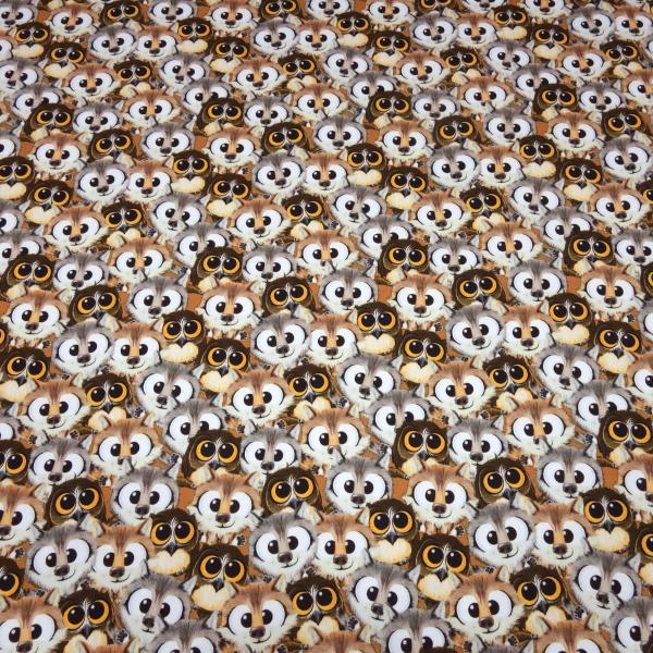 Stoff Baumwolle Sweatshirtstoff mit Eulen Füchse Waldtiere Design braun grau orange bunt Kleiderstoff Kinderstoff