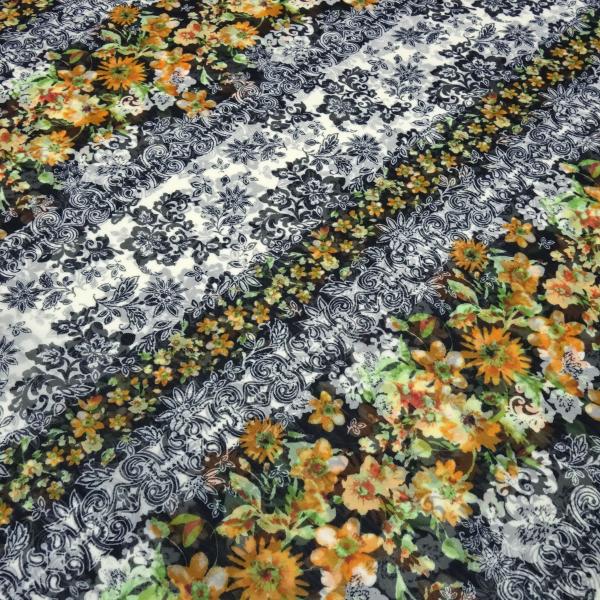 Stoff Chiffon Blusenstoff Blumemuster Ornamente Design orange grün schwarz ecrú Kleiderstoff