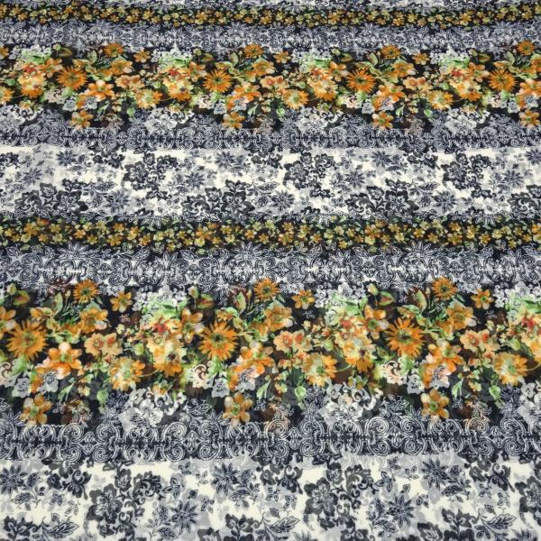 Stoff Chiffon Blusenstoff Blumemuster Ornamente Design orange grün schwarz ecrú Kleiderstoff