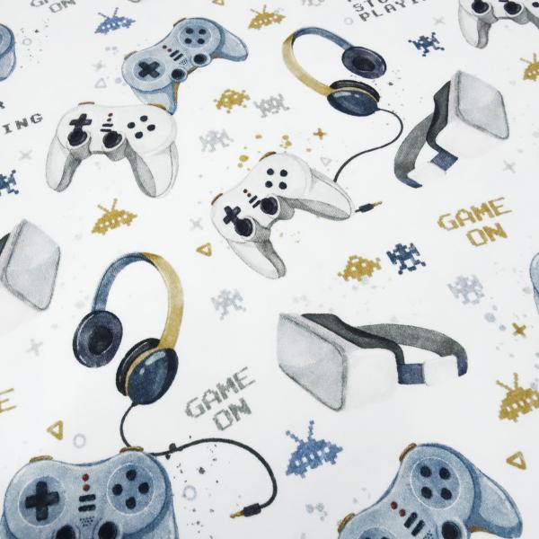 Fabric cotton French Terry summer sweatshirt fabric with gamepad virtual reality glasses headphones design white blue gray beige colorful children's fabric dress fabric