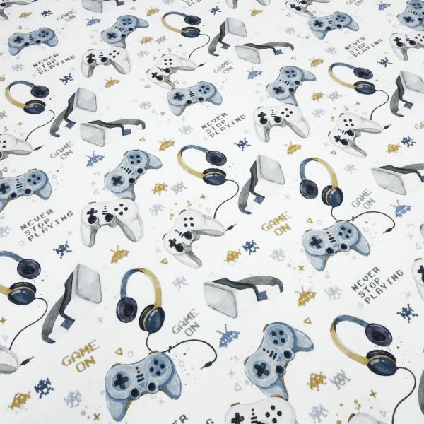 Fabric cotton French Terry summer sweatshirt fabric with gamepad virtual reality glasses headphones design white blue gray beige colorful children's fabric dress fabric