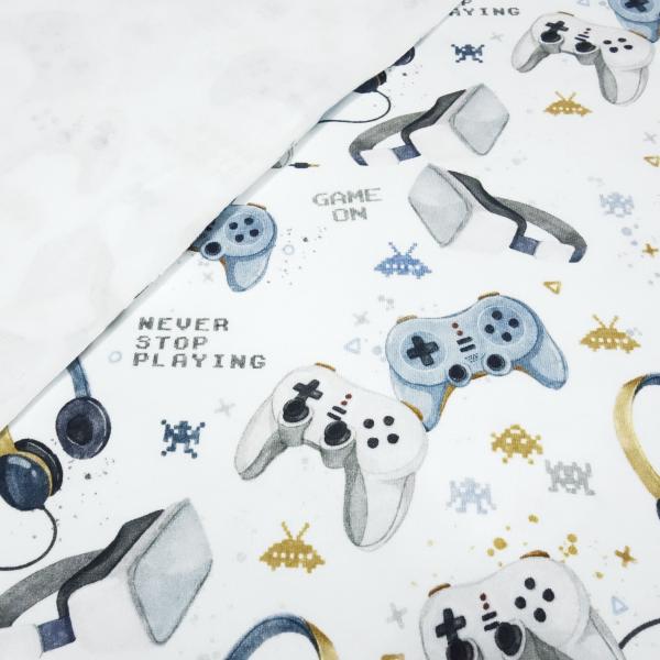 Fabric cotton French Terry summer sweatshirt fabric with gamepad virtual reality glasses headphones design white blue gray beige colorful children's fabric dress fabric