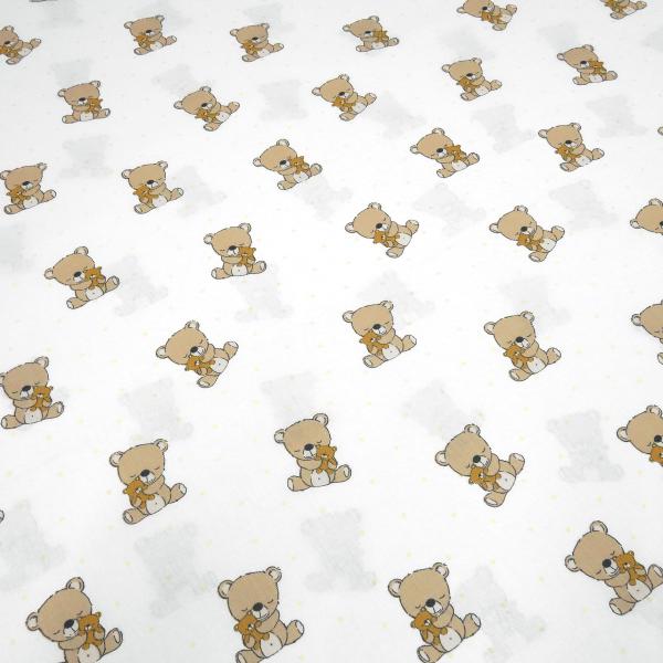 Stoff Baumwolle Popeline mit Teddy Bär Punkte Design cremeweiß braun beige bunt Kinderstoff Kleiderstoff Dekostoff
