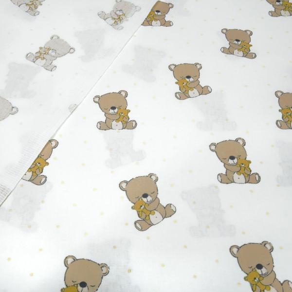 Stoff Baumwolle Popeline mit Teddy Bär Punkte Design cremeweiß braun beige bunt Kinderstoff Kleiderstoff Dekostoff