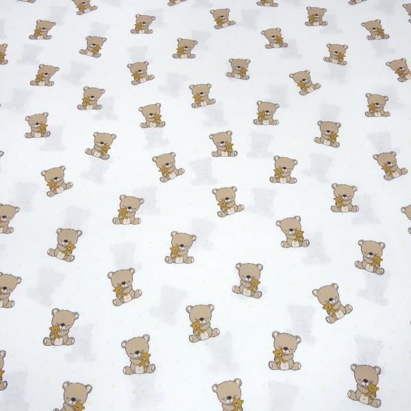 Stoff Baumwolle Popeline mit Teddy Bär Punkte Design cremeweiß braun beige bunt Kinderstoff Kleiderstoff Dekostoff