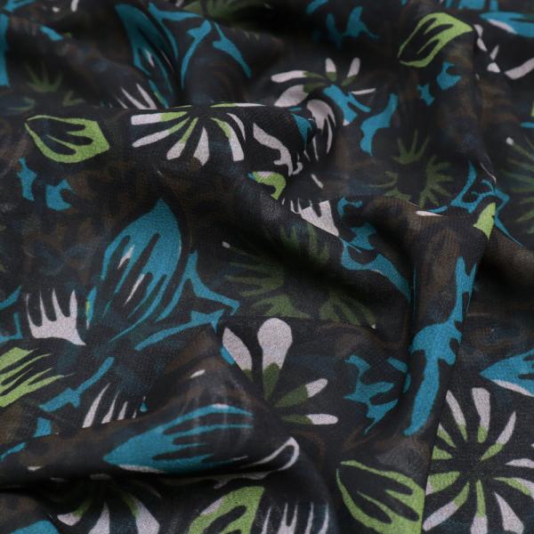 Stoff Chiffon Blusenstoff Blumenmuster Blätter Design schwarz petrol braun grün weiß Kleiderstoff