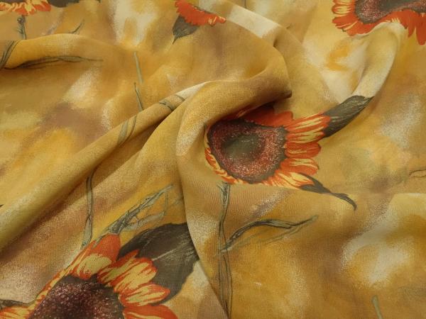 Stoff 100% Viskose Chiffon Georgette mit Sonnenblumen Blumenmuster Abstrakt Design ocker braun beige orange bunt Blusenstoff Kleiderstoff