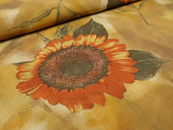 Stoff 100% Viskose Chiffon Georgette mit Sonnenblumen Blumenmuster Abstrakt Design ocker braun beige orange bunt Blusenstoff Kleiderstoff