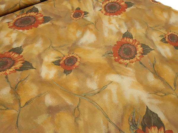 Stoff 100% Viskose Chiffon Georgette mit Sonnenblumen Blumenmuster Abstrakt Design ocker braun beige orange bunt Blusenstoff Kleiderstoff
