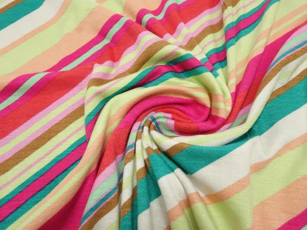 Fabric viscose jersey with horizontal stripes design red green pink multicolor striped dress fabric