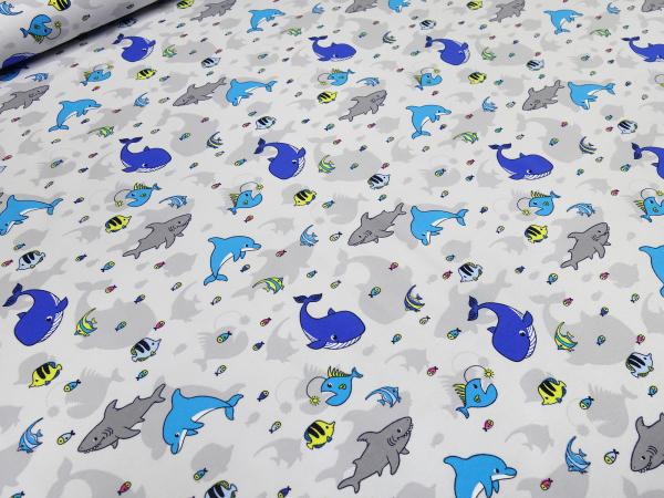Stoff Baumwolle Jersey mit Wale Haie Fische Design grau blau türkis gelb bunt Kinderstoff Kleiderstoff