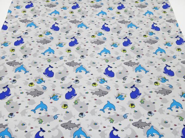 Stoff Baumwolle Jersey mit Wale Haie Fische Design grau blau türkis gelb bunt Kinderstoff Kleiderstoff